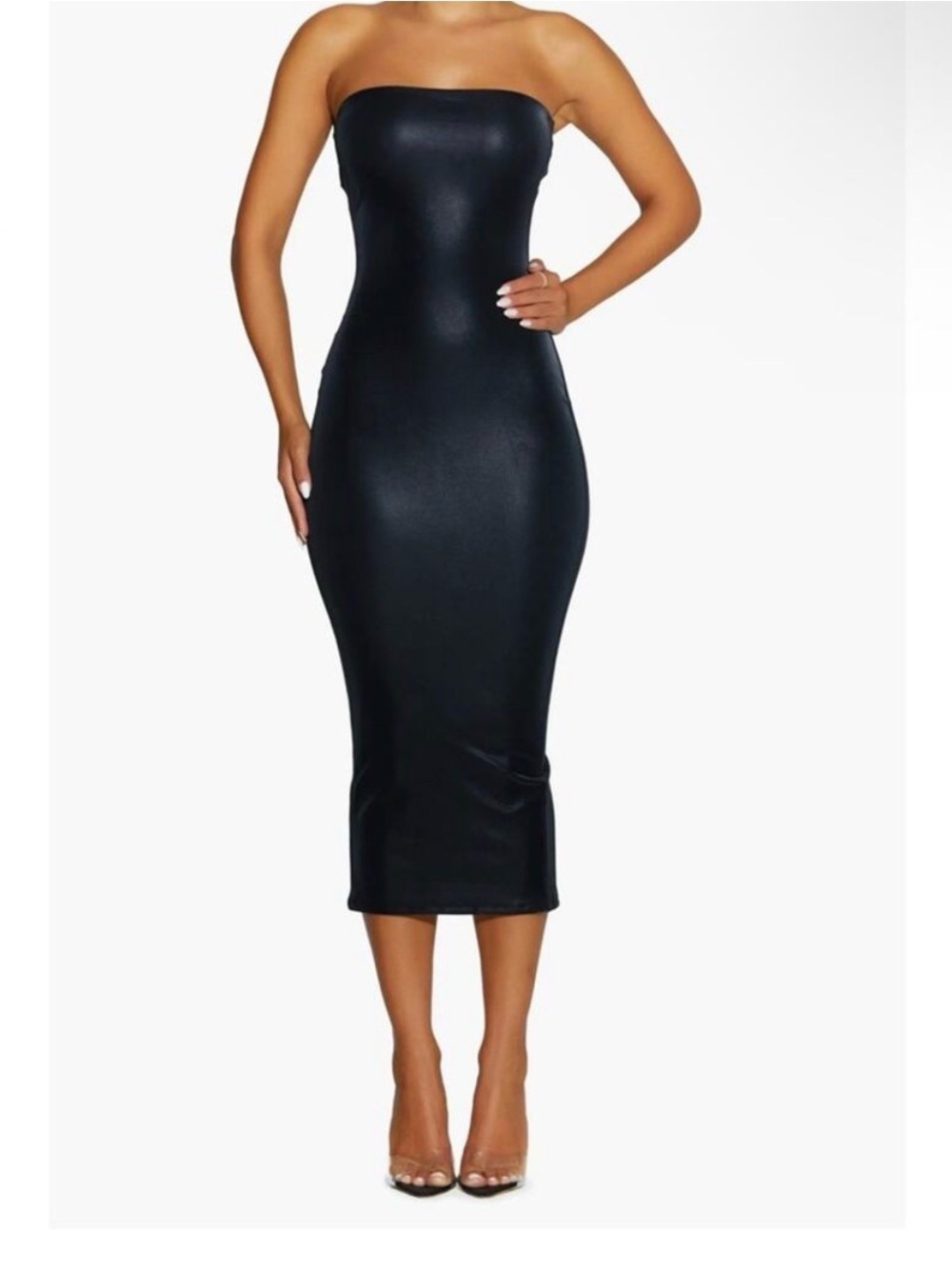 Naked wardrobe Strapless Faux Leather Body-Con Midi Dress Sz L